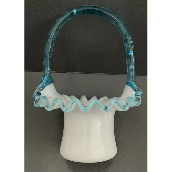 Fenton Basket Aqua Blue Crest Milk Glass‎ Ruffle Edge Bamboo Handle Top Hat VTG - Picture 7 of 13